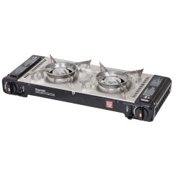 Gasmate Travelmate II Deluxe Twin Butane Stove - Black with S/S Spill Tray & Hotplate